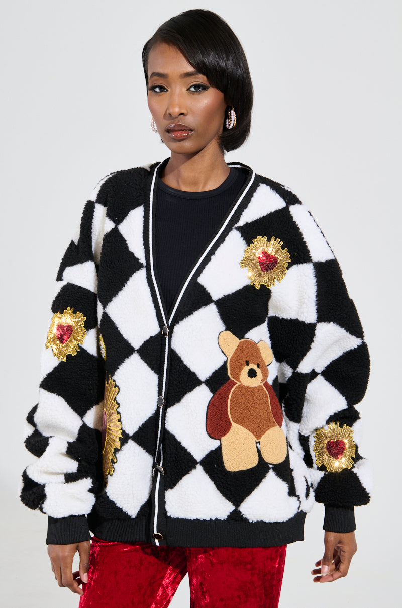 TEDDY BEAR CUTE CHECKERED BUTTON DOWN CARDIGAN
