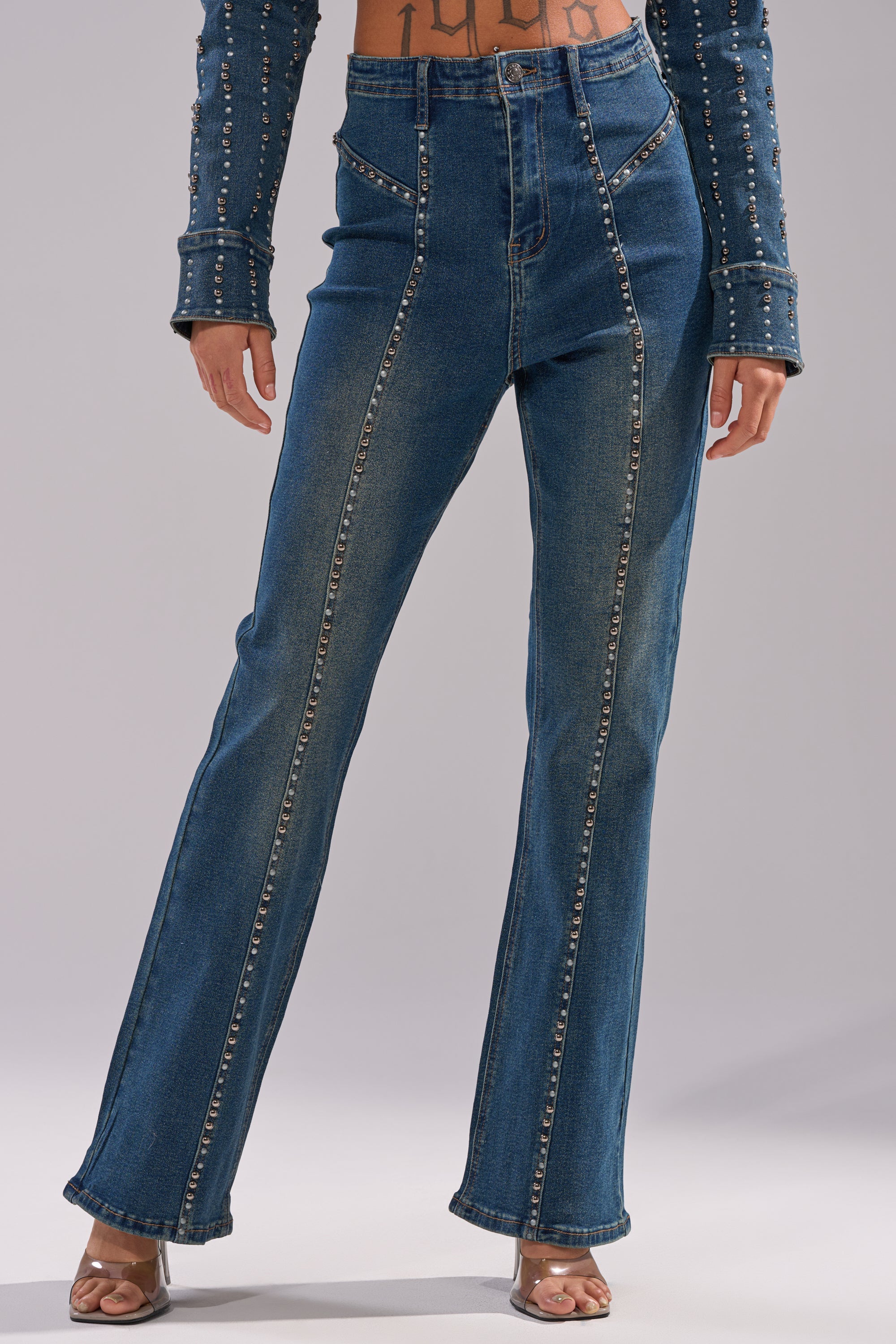 GLAMOUR STUDDED FLARE DENIM PANT