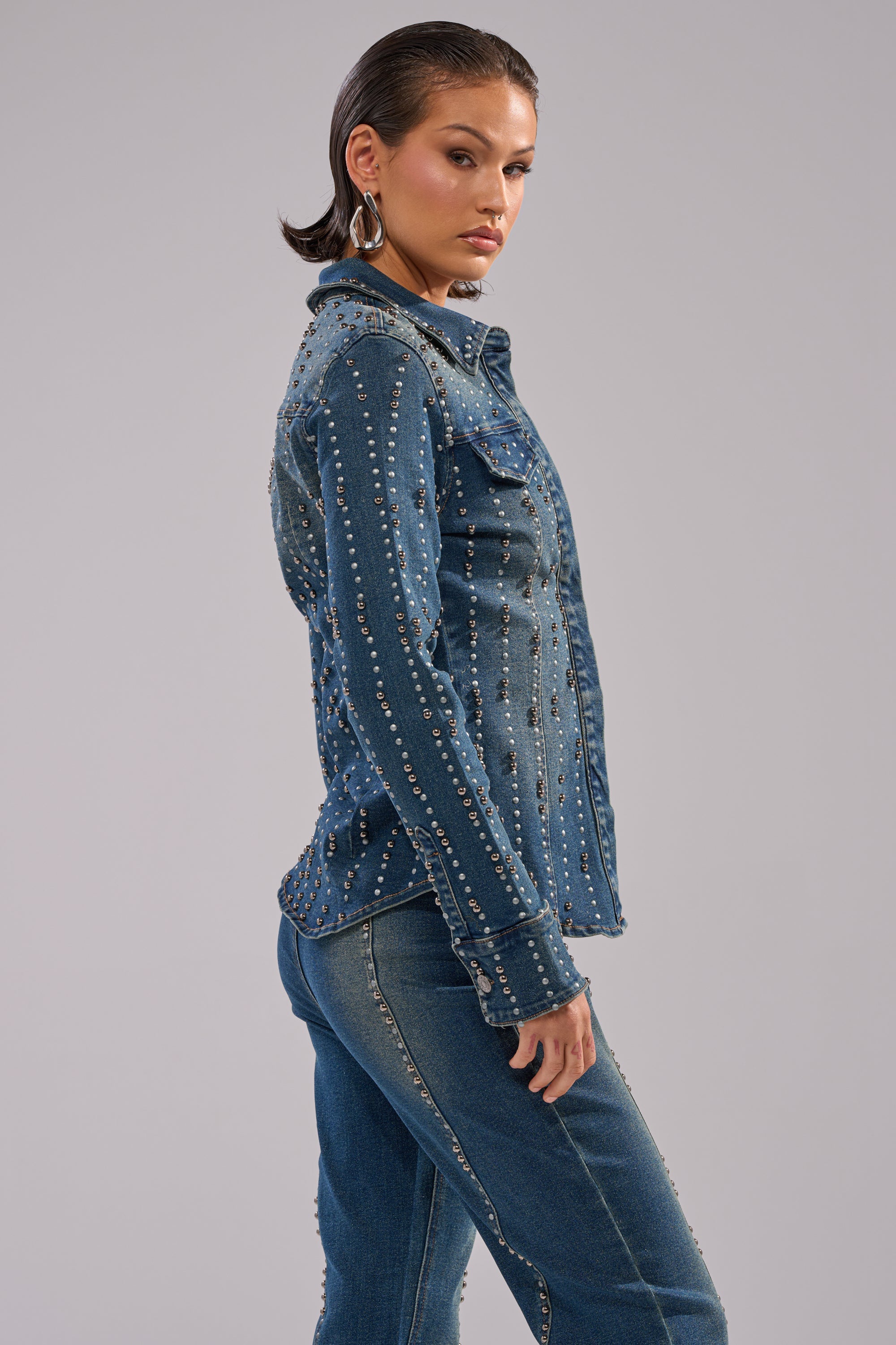 GLAMOUR STUDDED BUTTON DOWN DENIM TOP