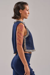 POPPIN OUT RHINESTONE DENIM BLOUSE IN DARK WASH DENIM