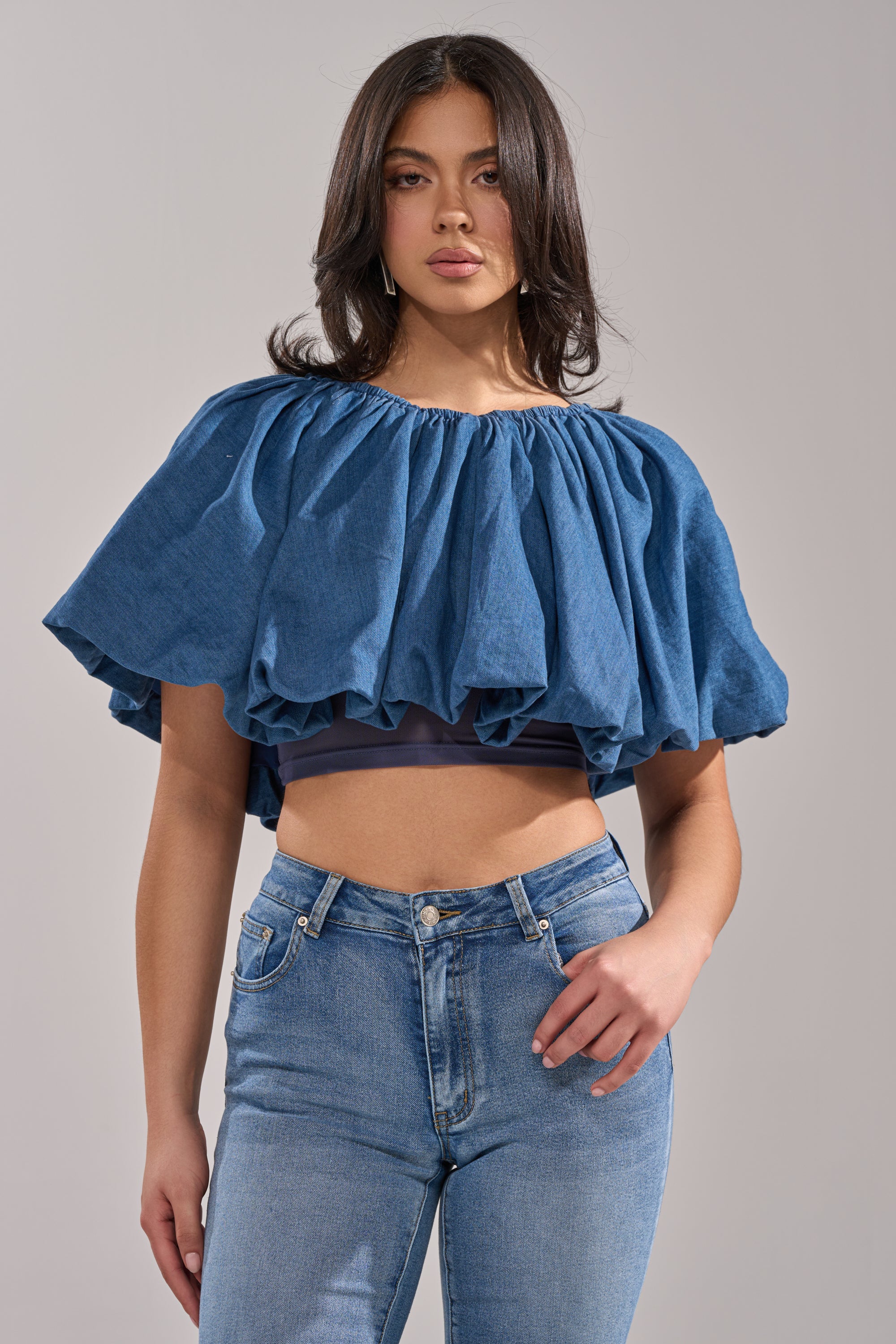NEVER GOING TO STOP BLOUSE IN MEDIUM BLUE DENIM
