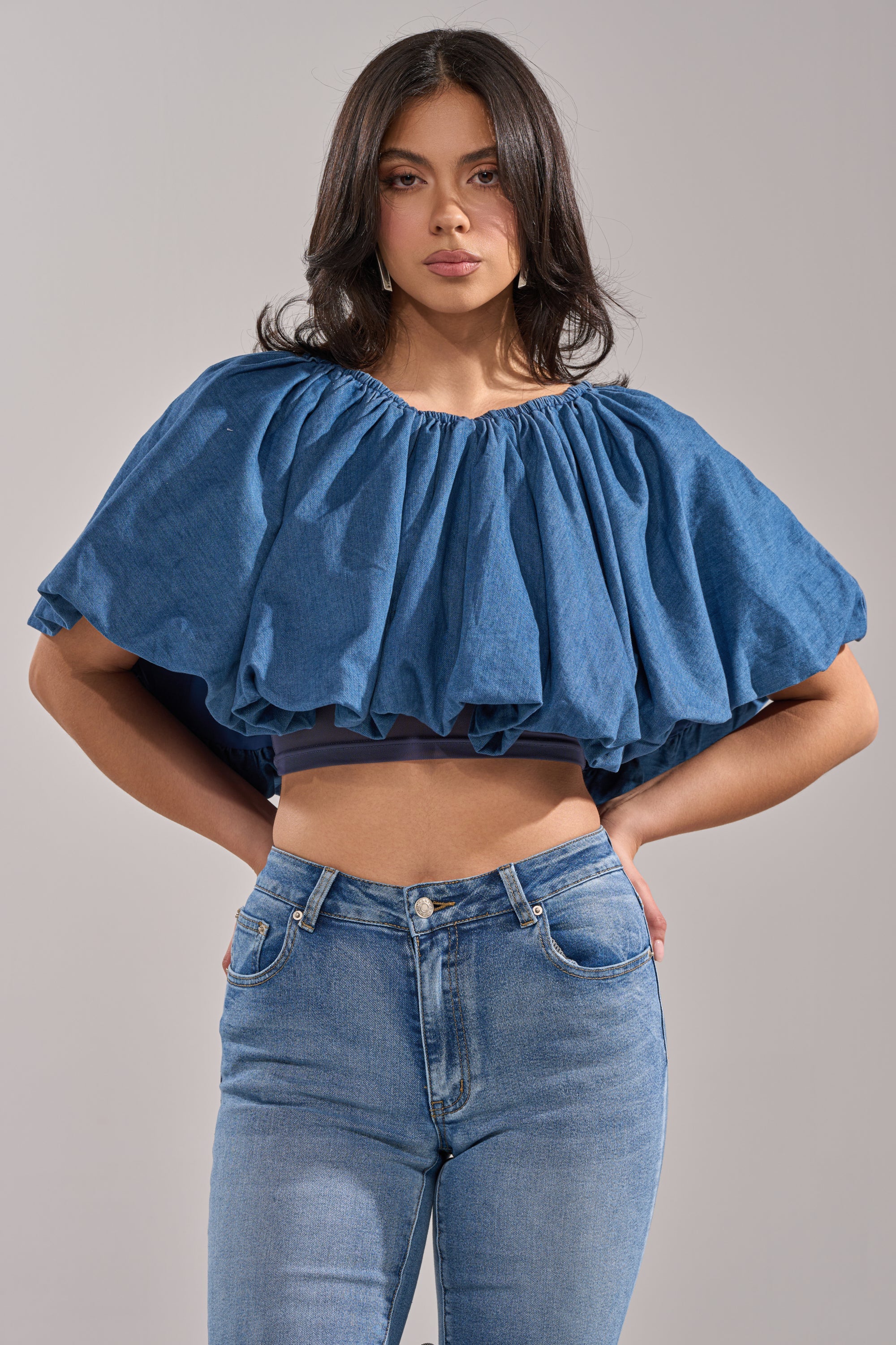 NEVER GOING TO STOP BLOUSE IN MEDIUM BLUE DENIM