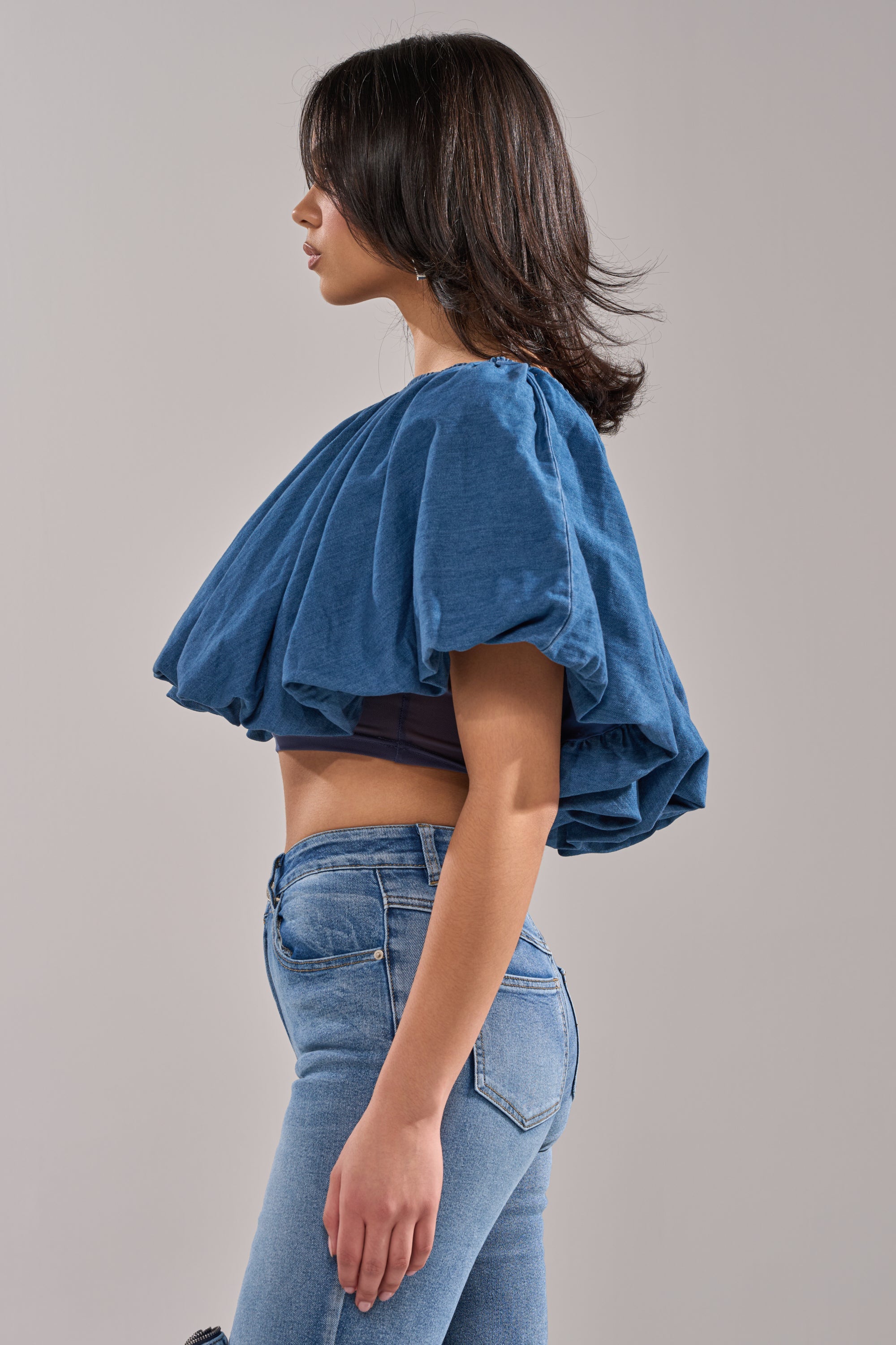 NEVER GOING TO STOP BLOUSE IN MEDIUM BLUE DENIM