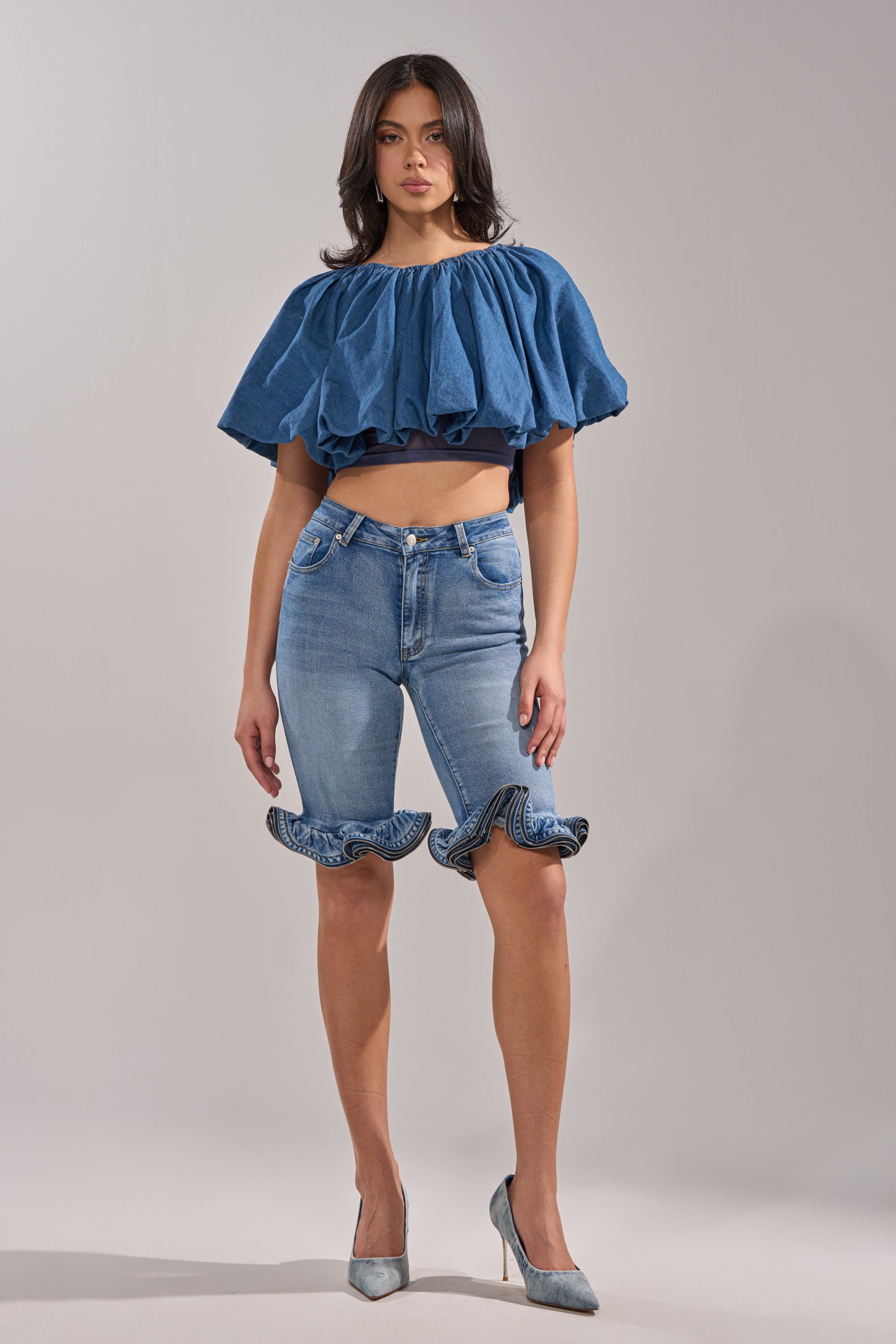 NEVER GOING TO STOP BLOUSE IN MEDIUM BLUE DENIM