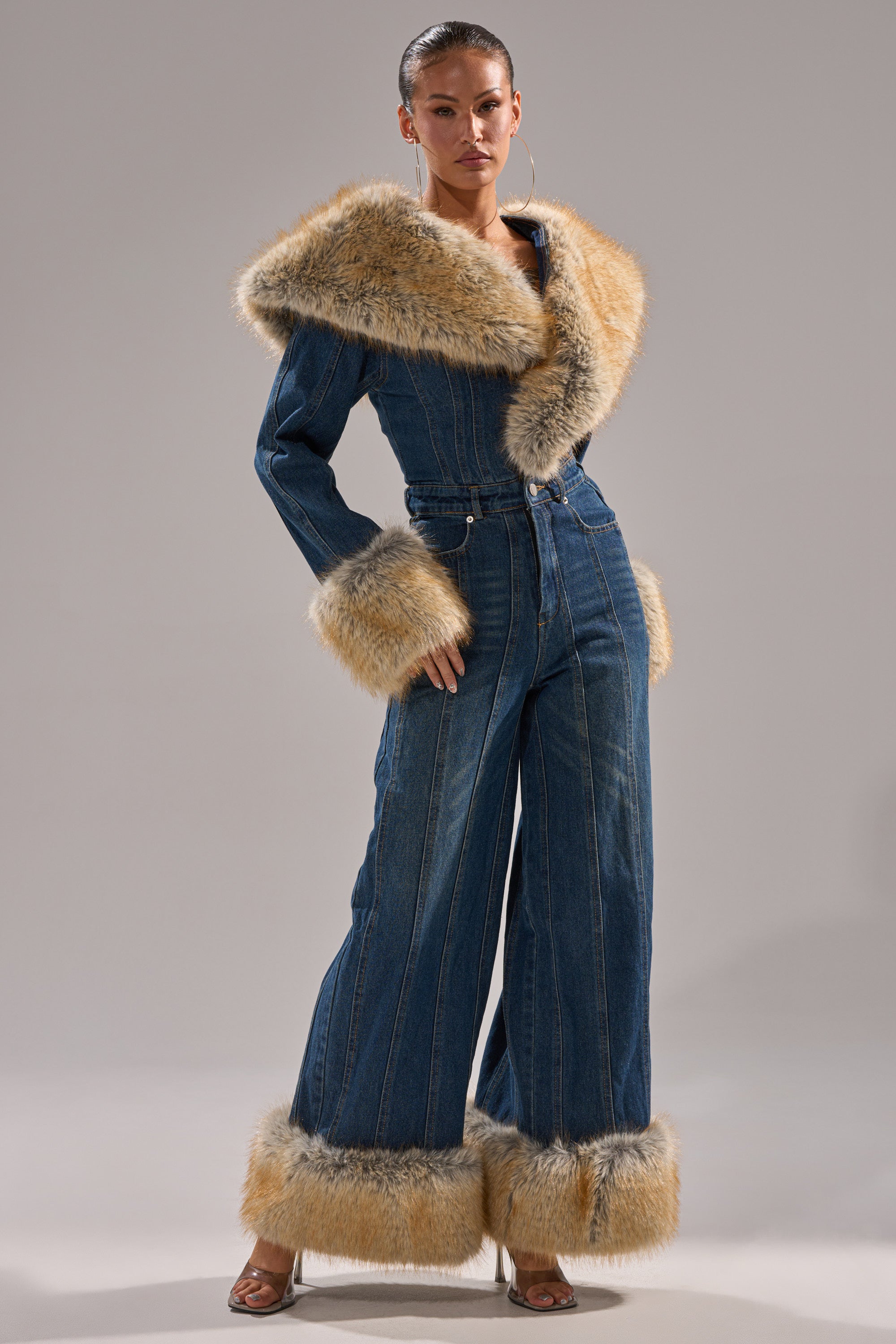 LENNOX DENIM JUMPSUIT WITH FUR ACCENTS
