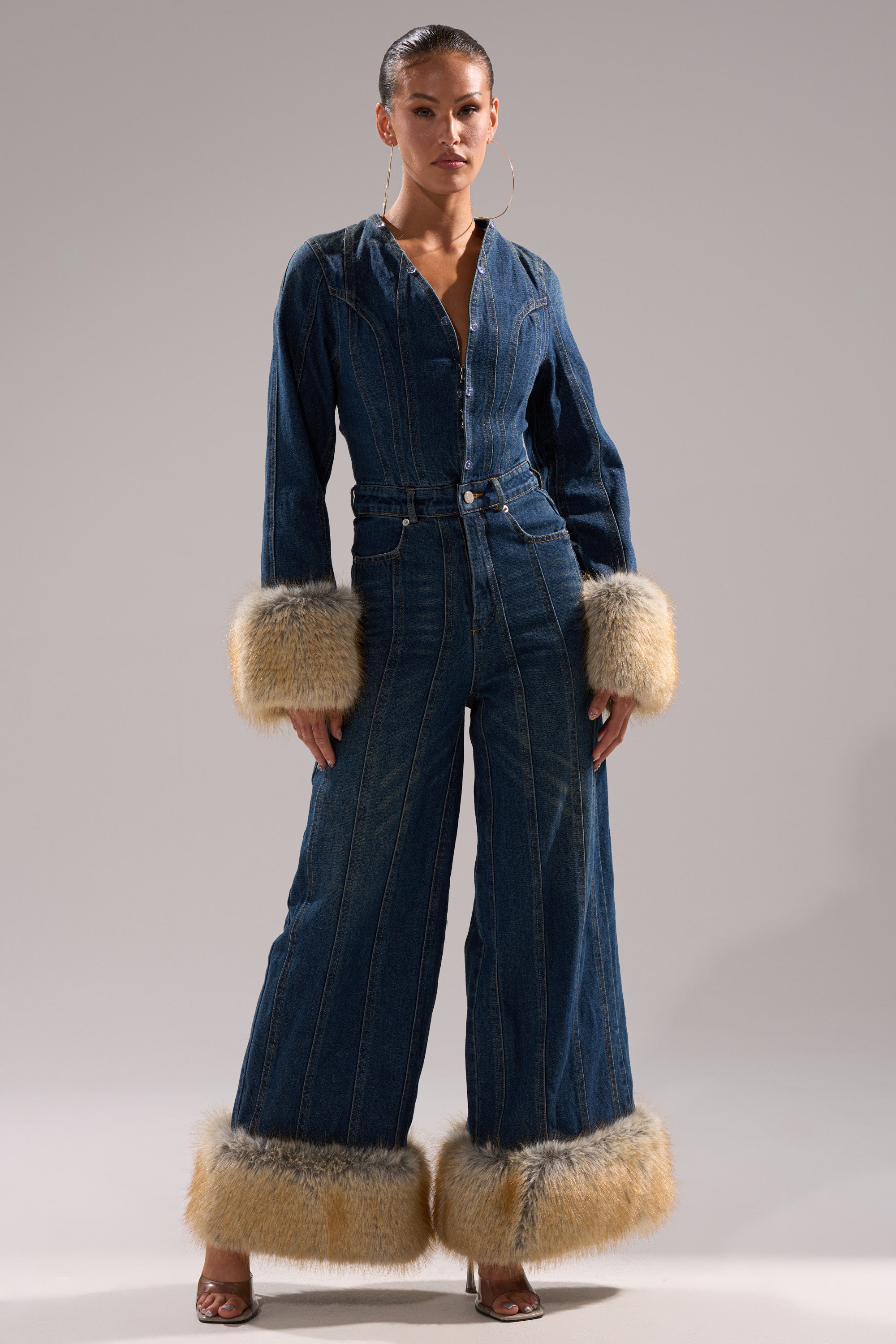 LENNOX DENIM JUMPSUIT WITH FUR ACCENTS