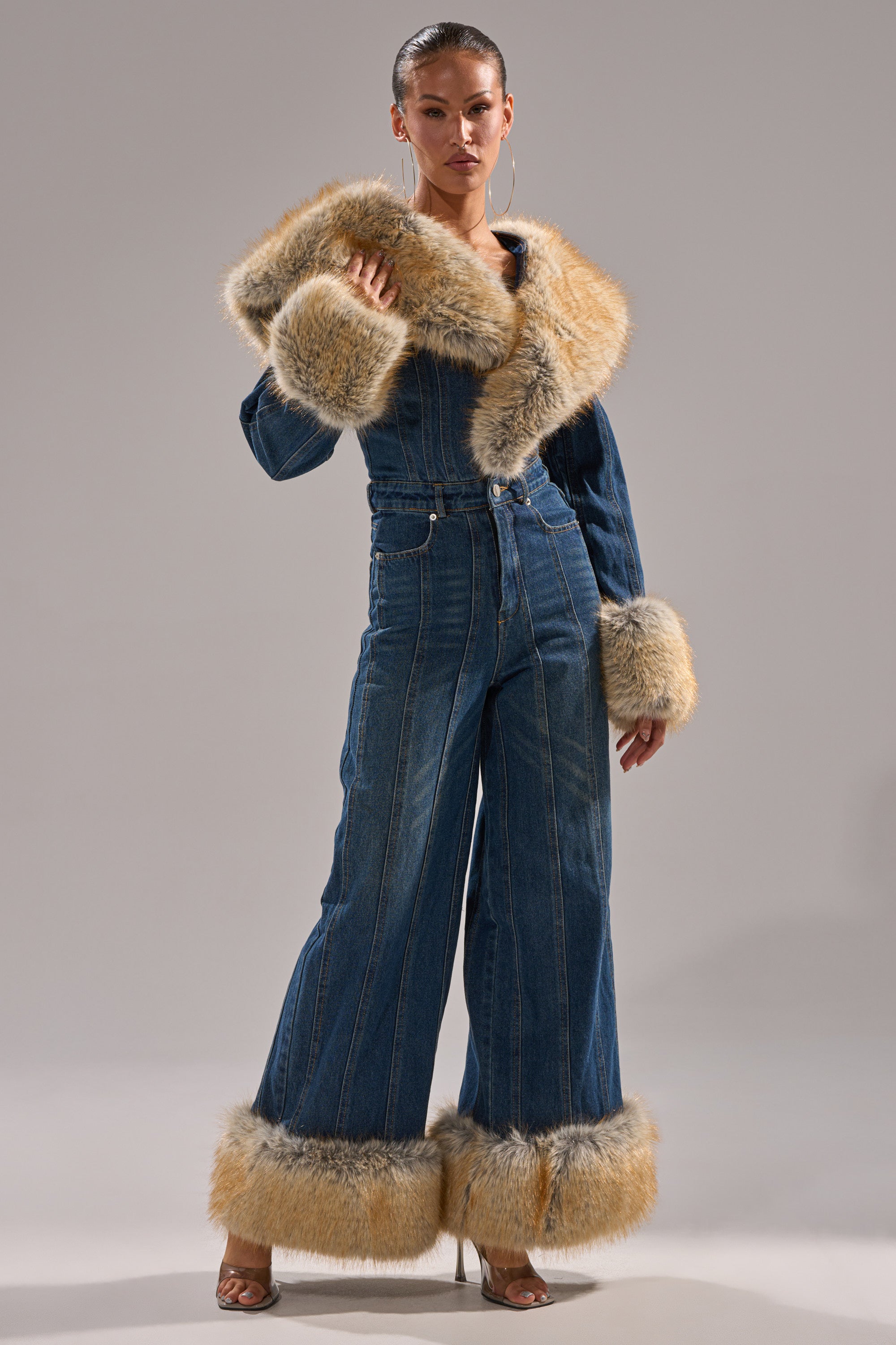 LENNOX DENIM JUMPSUIT WITH FUR ACCENTS
