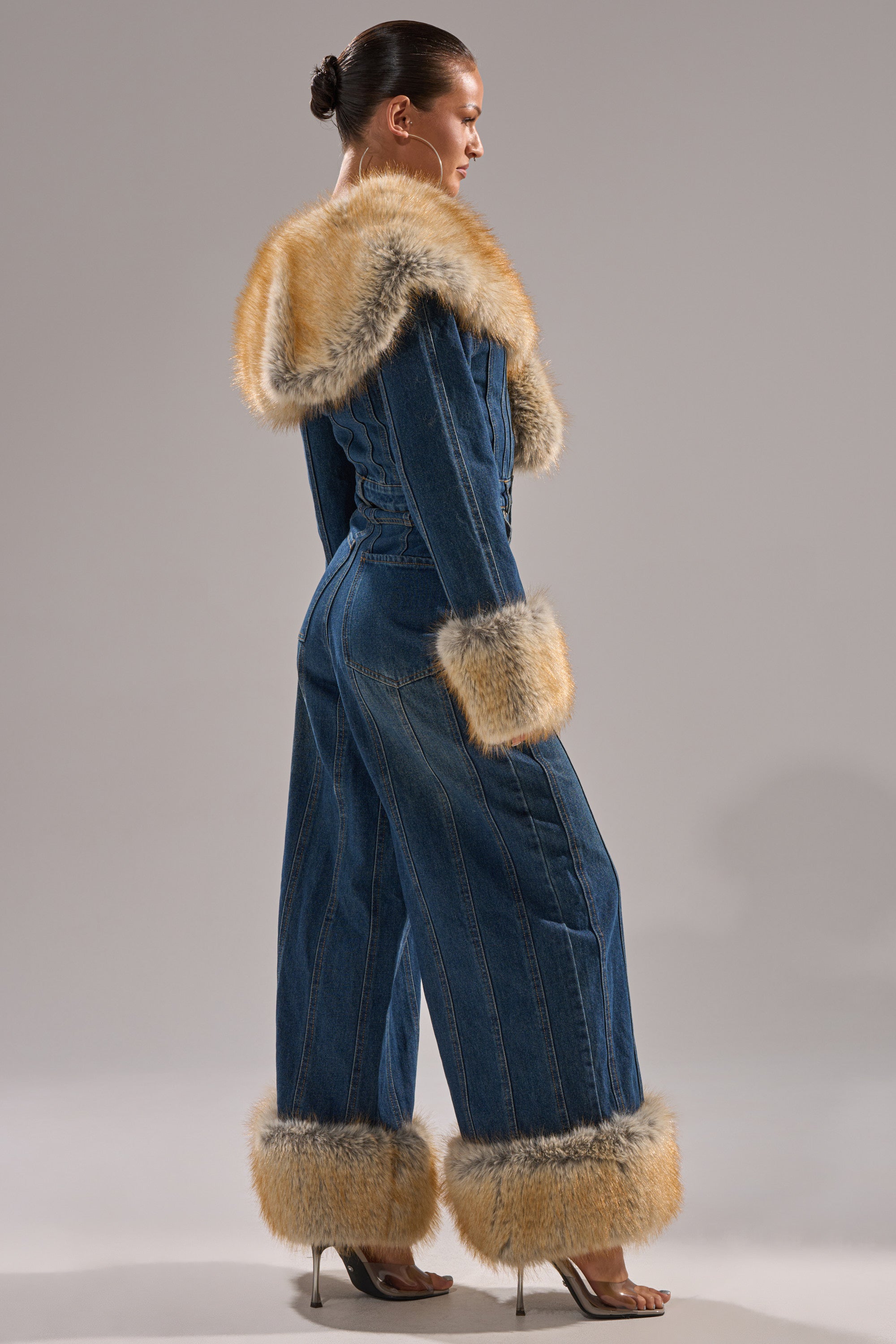 LENNOX DENIM JUMPSUIT WITH FUR ACCENTS