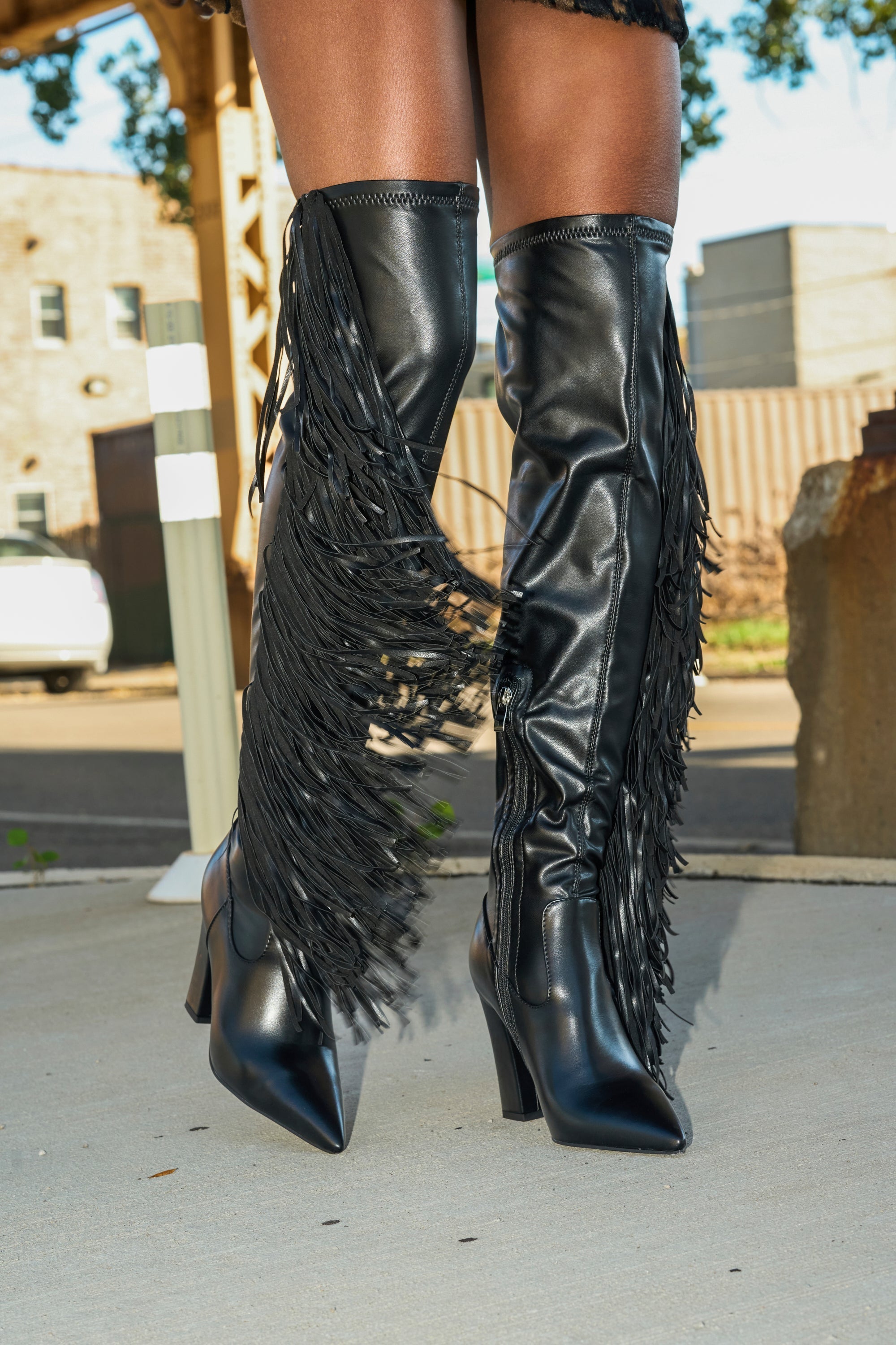 AZALEA WANG KATRICIA BLACK FRINGE CHUNKY BOOT