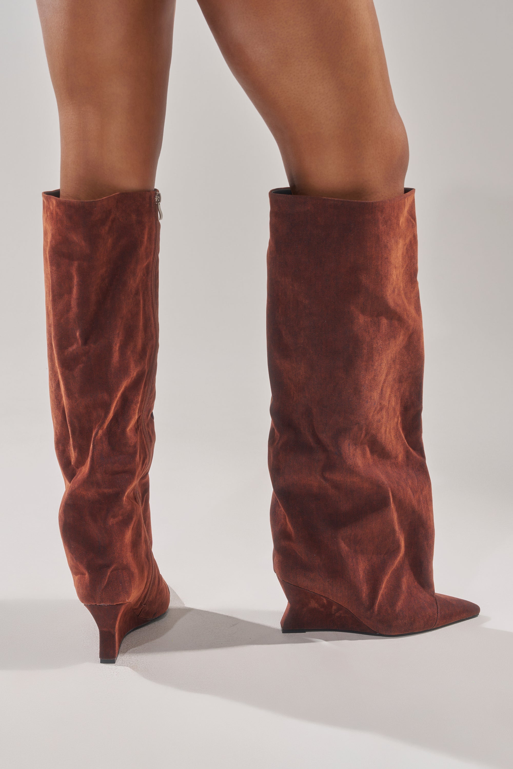 AZALEA WANG KENYA BURNT ORANGE VELVET KNEE HIGH WEDGE BOOT