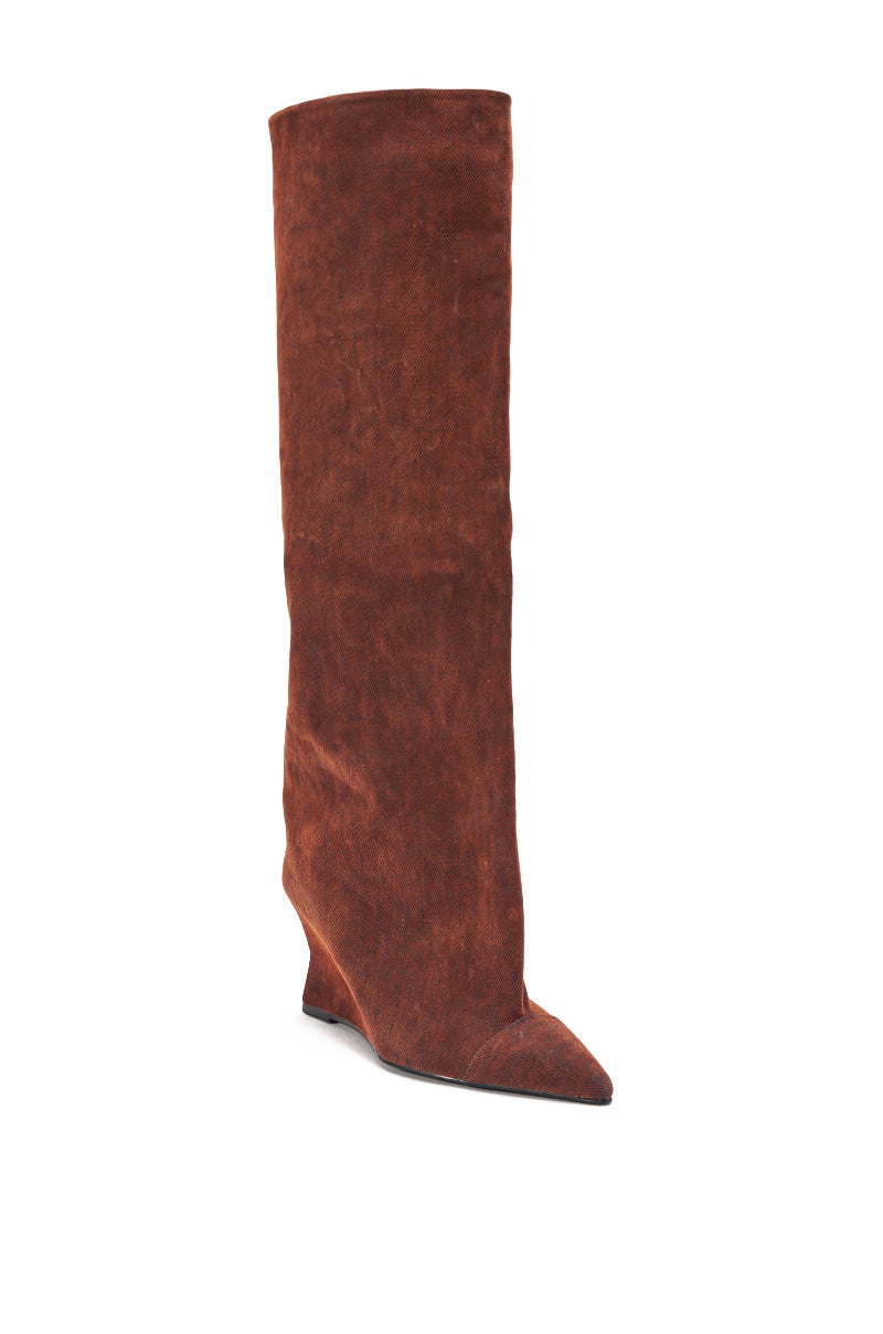 AZALEA WANG KENYA BURNT ORANGE VELVET KNEE HIGH WEDGE BOOT
