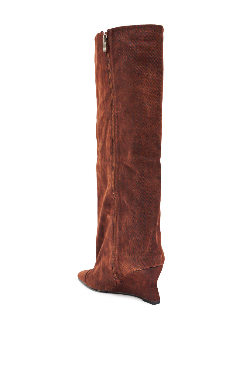 AZALEA WANG KENYA BURNT ORANGE VELVET KNEE HIGH WEDGE BOOT