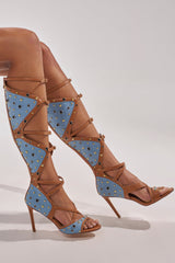 AKIRA GOLD LULANA DENIM METAL STUDDED GLADIATOR STILETTO SANDAL