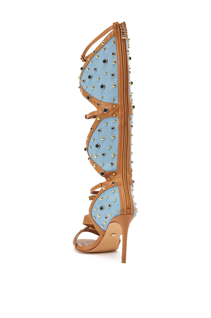 AKIRA GOLD LULANA DENIM METAL STUDDED GLADIATOR STILETTO SANDAL