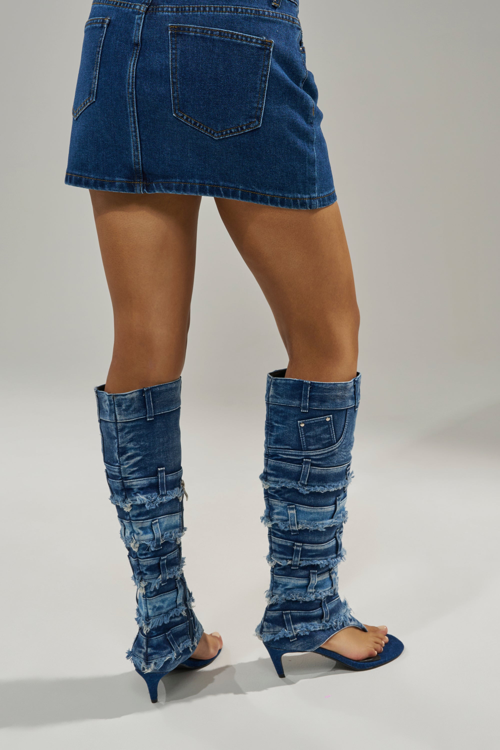 AKIRA GOLD MAHONEY DENIM PANT DETAIL GLADIATOR STILETTO