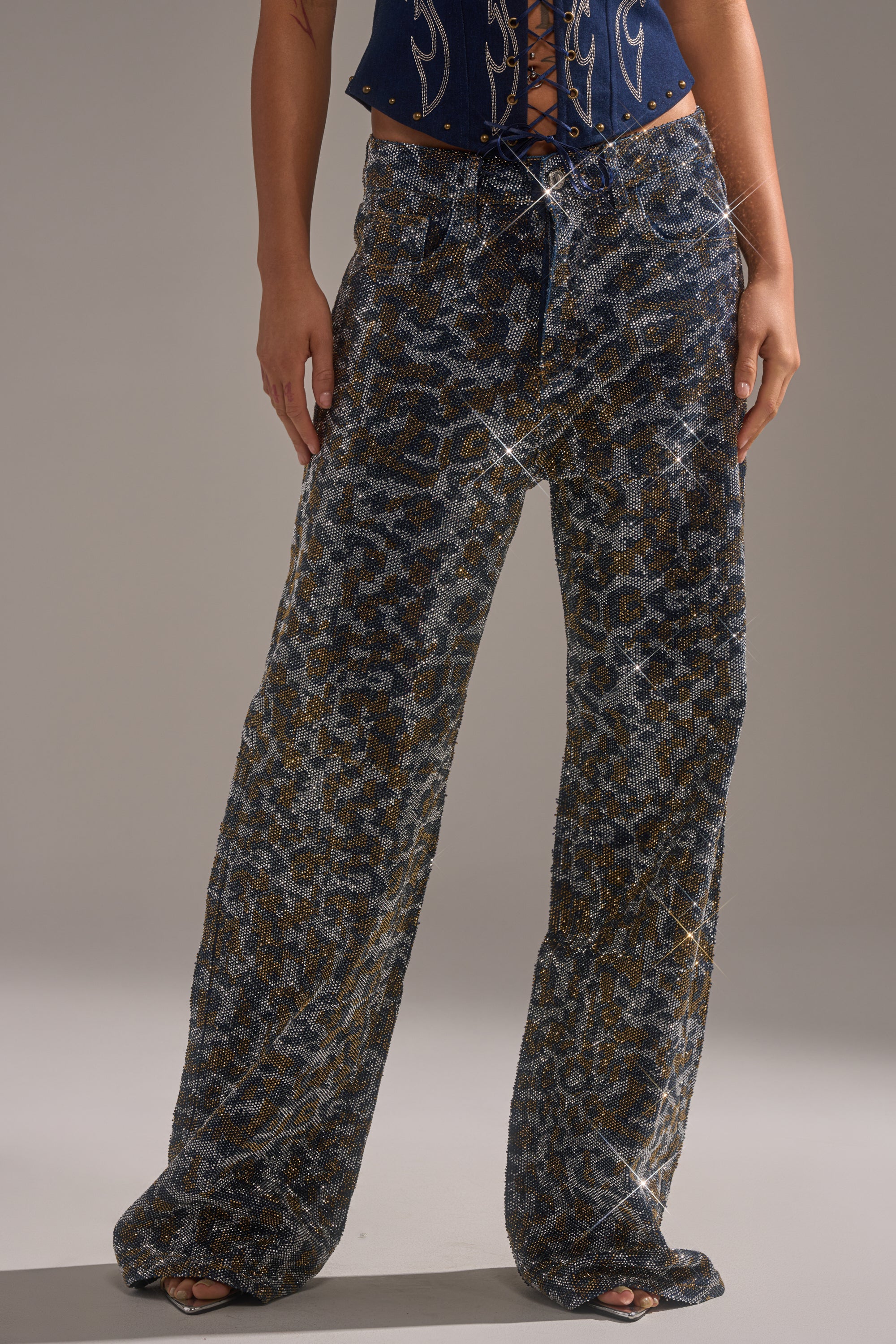 CHEETAH GIRLY RHINESTONE DENIM PANT