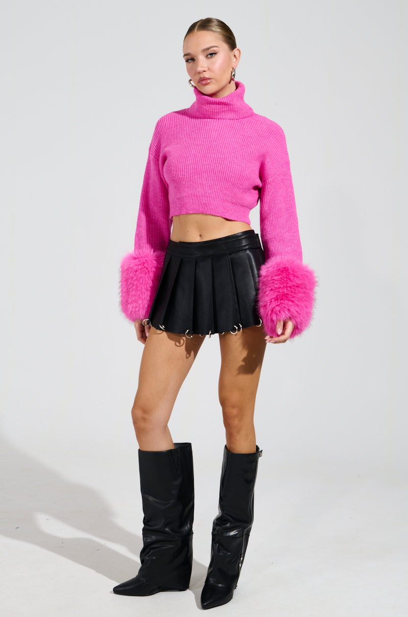 SYDNEY FUR CUFF CROPPED SWEATER IN HOT PINK