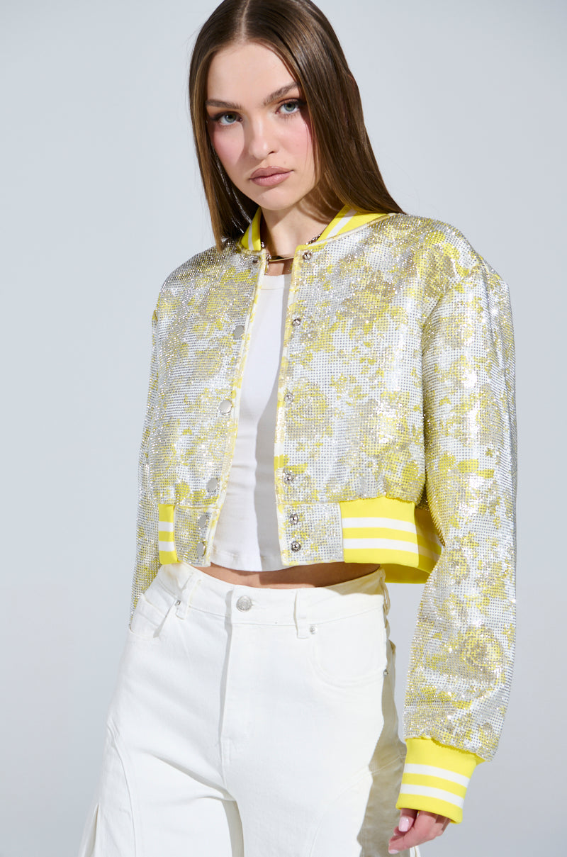 SOLEIL RHINESTONE BROCADE BOMBER