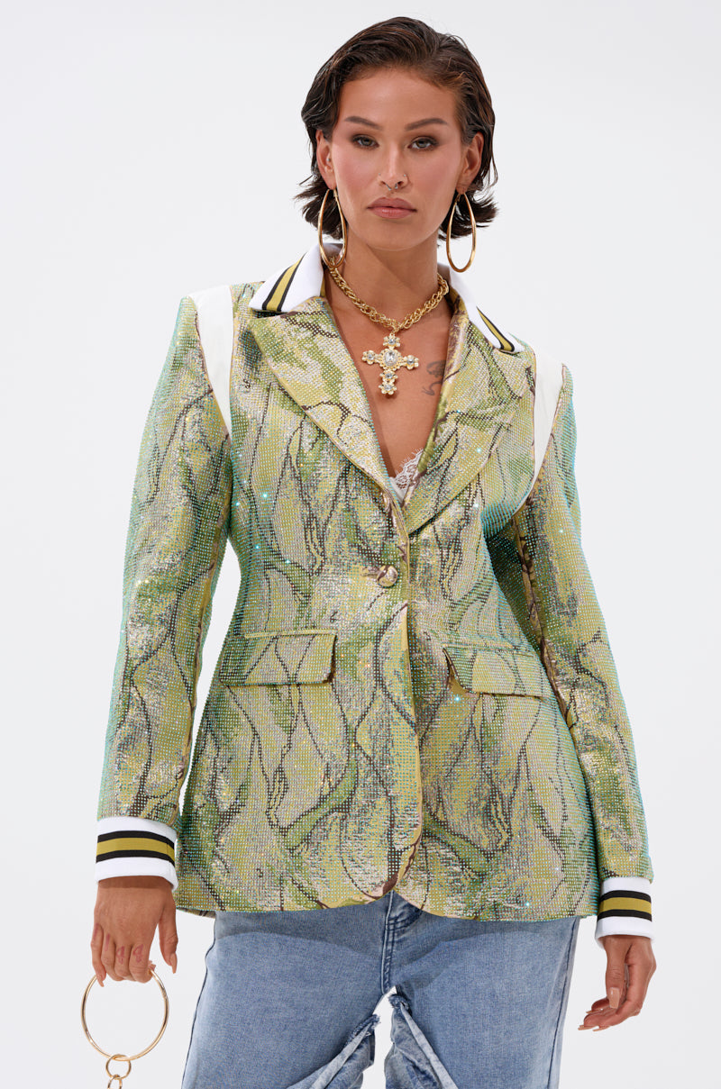 DON'T TRY ME EMBELLISHED BROCADE BLAZER