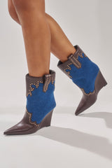 AZALEA WANG TALLULAH DENIM WEDGE WESTERN BOOTIE