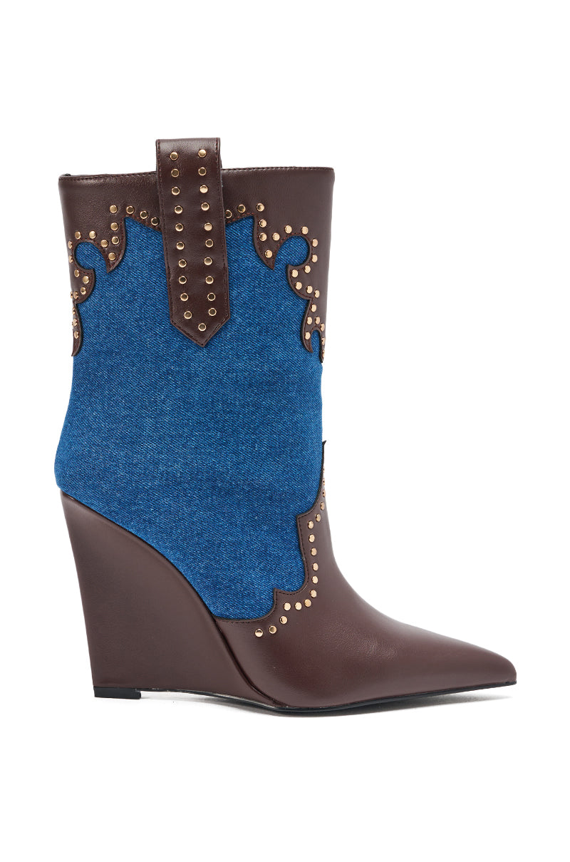 AZALEA WANG TALLULAH DENIM WEDGE WESTERN BOOTIE