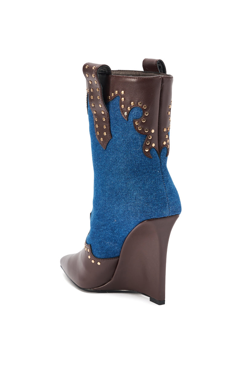 AZALEA WANG TALLULAH DENIM WEDGE WESTERN BOOTIE