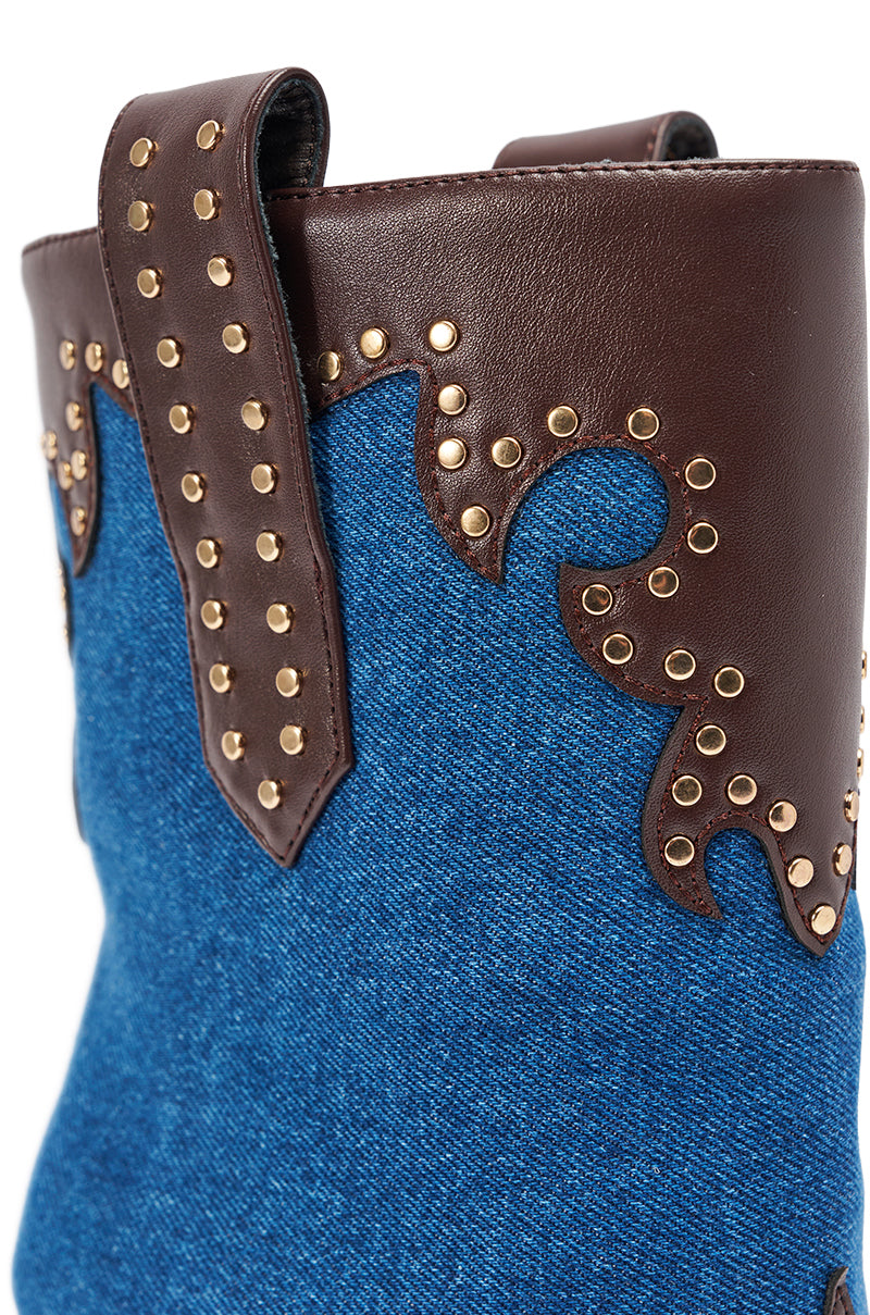 AZALEA WANG TALLULAH DENIM WEDGE WESTERN BOOTIE