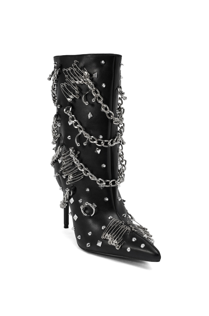 AZALEA WANG THRIGRUN BLACK SILVER HARDWARE STILETTO BOOTIE