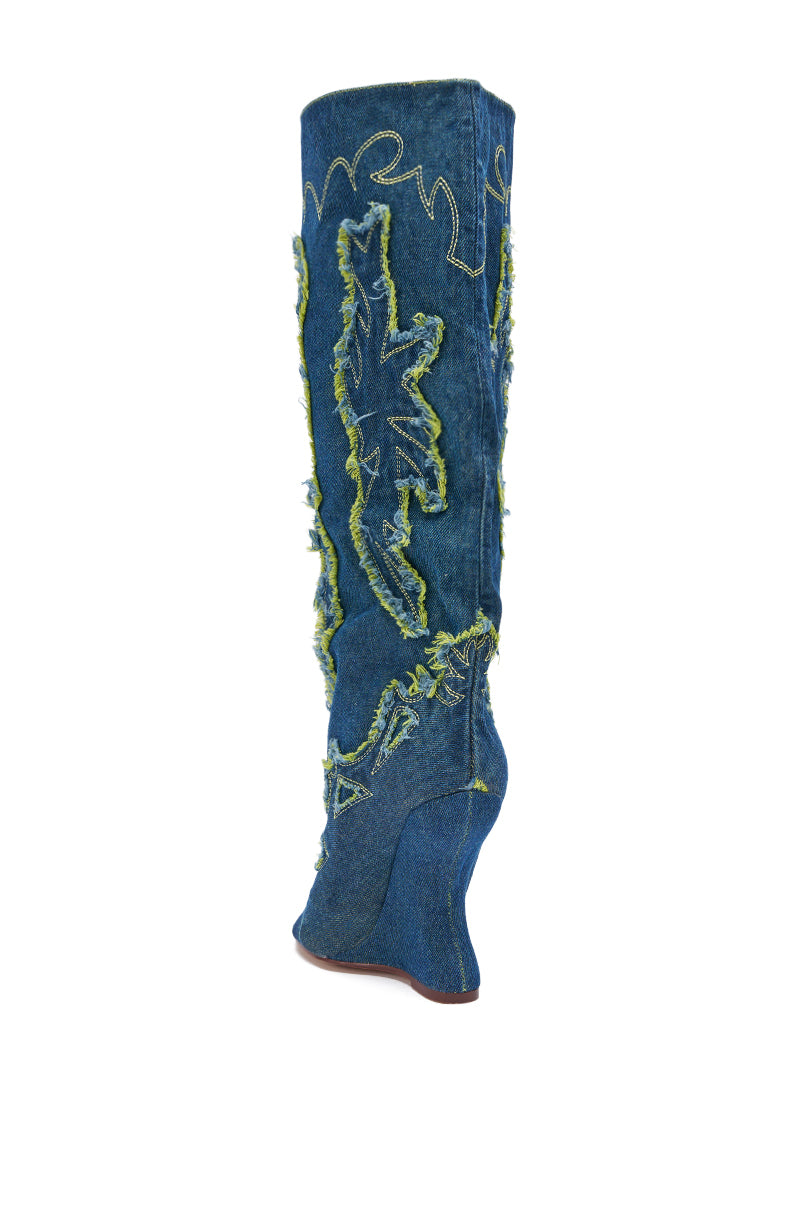 AZALEA WANG VIANCA GREEN MULTI DENIM WEDGE BOOT