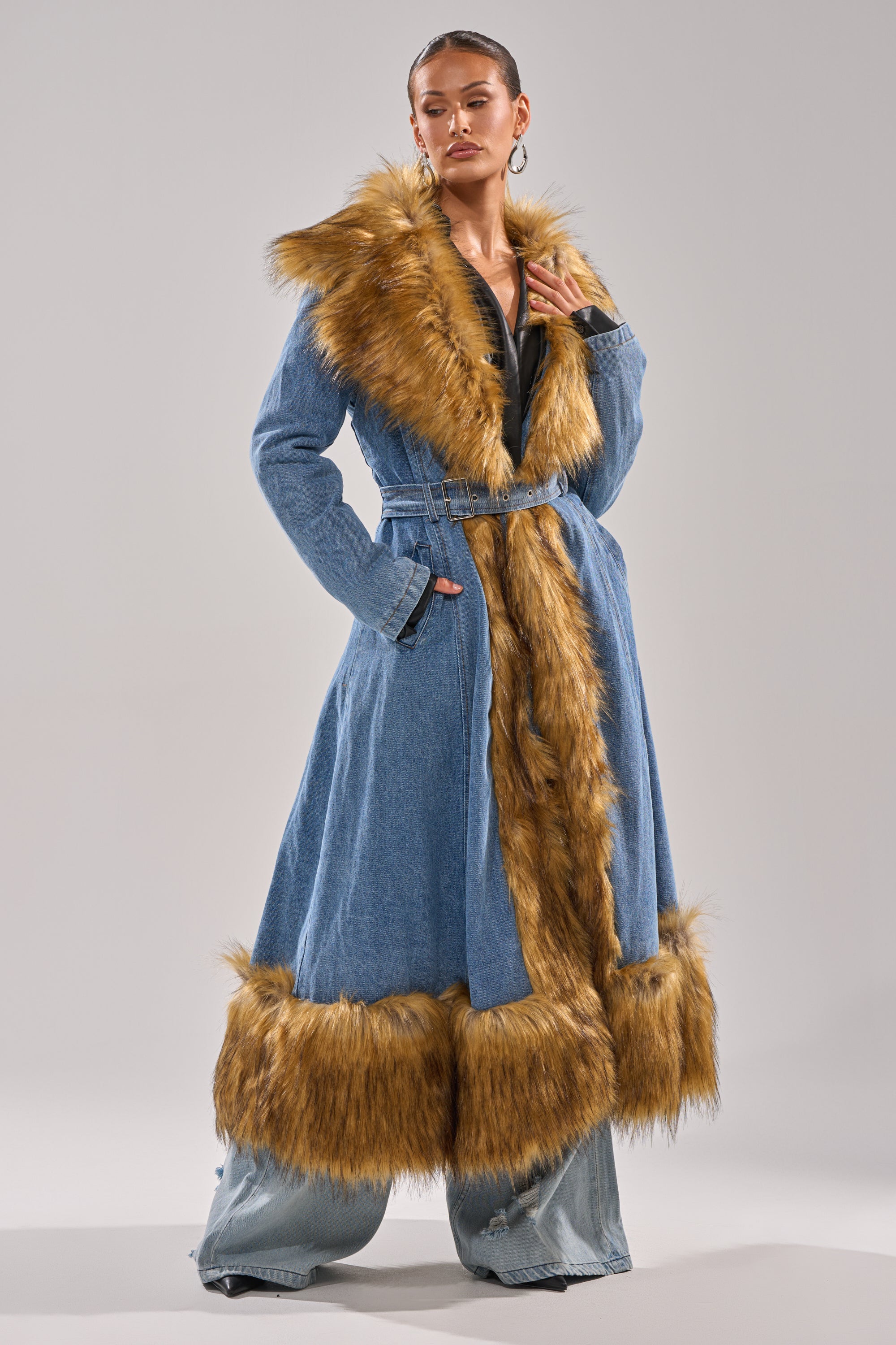 VIVIAN FUR TRIM TRENCH IN DENIM