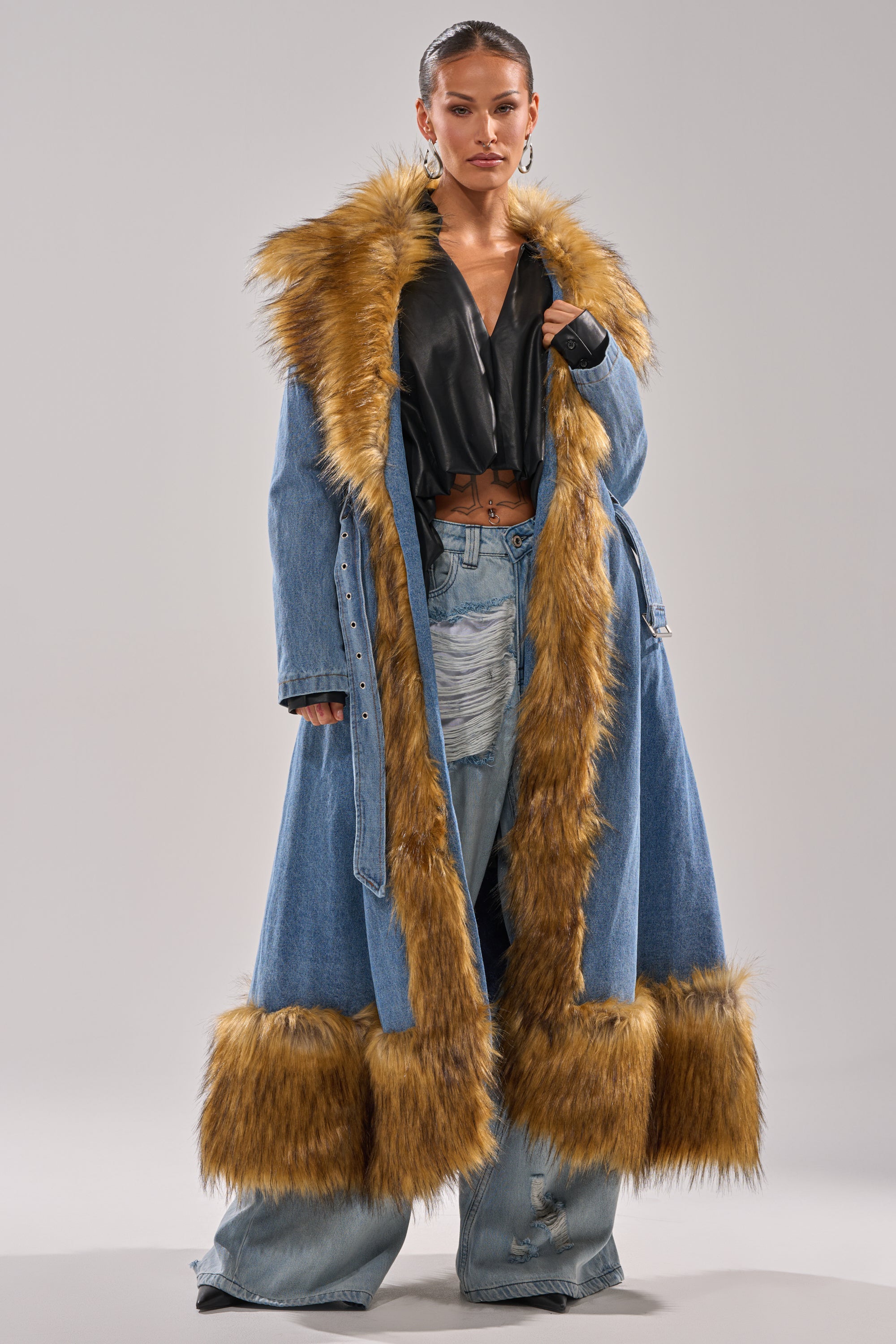 VIVIAN FUR TRIM TRENCH IN DENIM