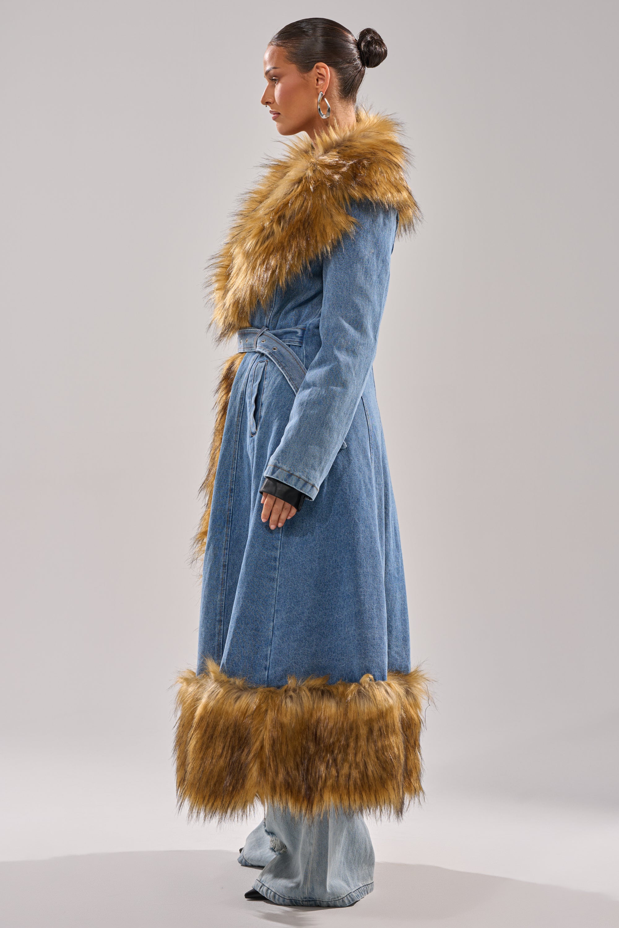 VIVIAN FUR TRIM TRENCH IN DENIM