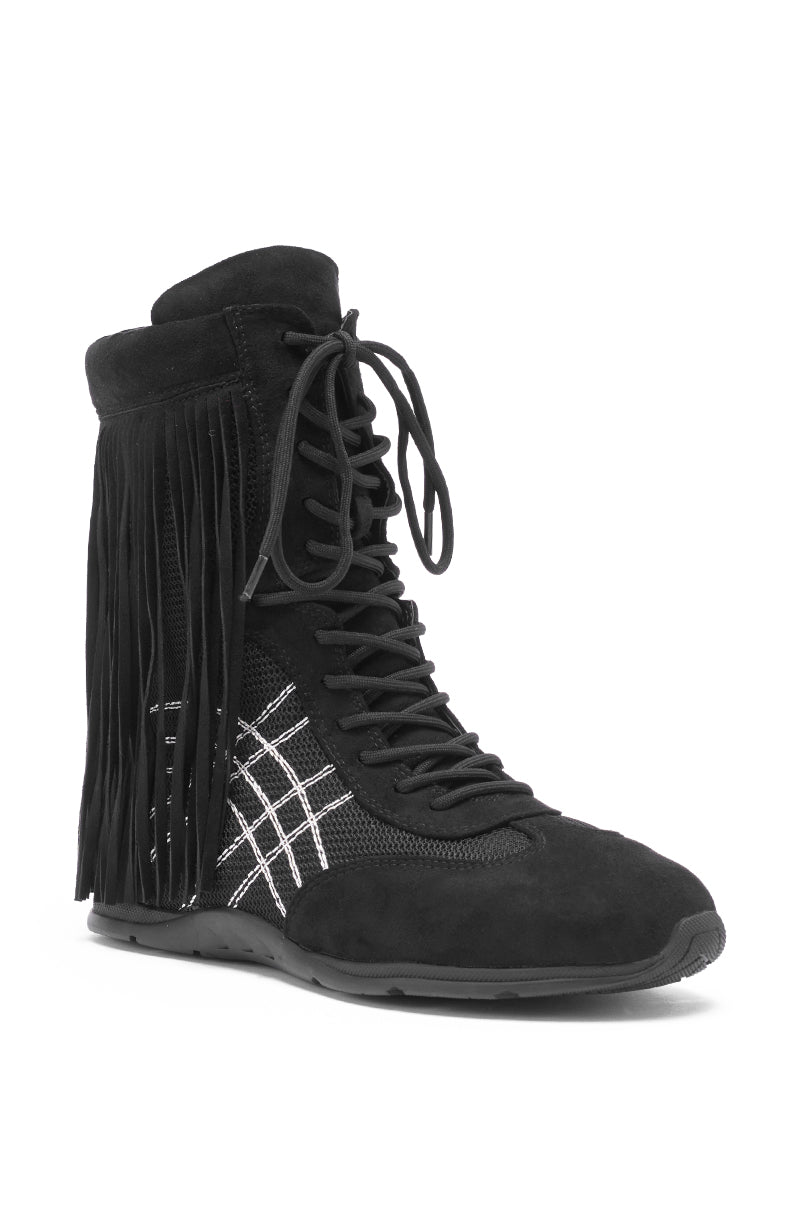 AZALEA WANG ZITHER BLACK FLAT FRINGE BOOTIE