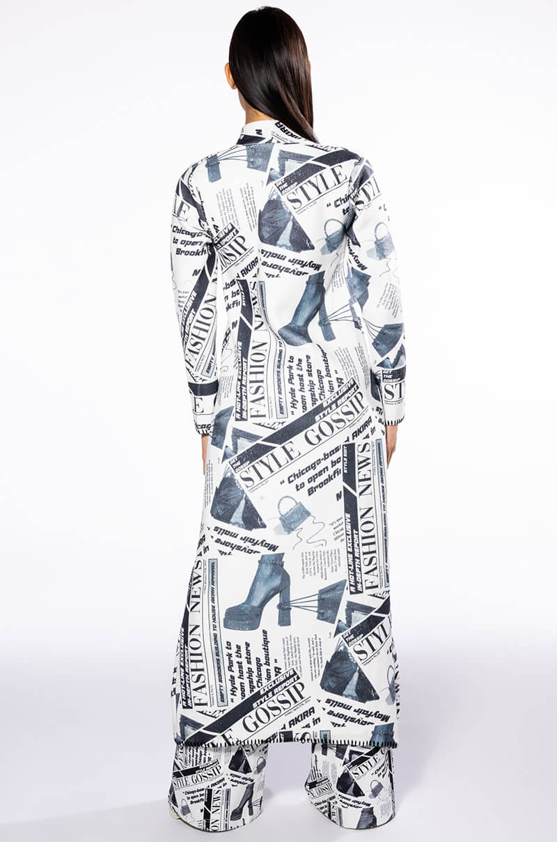 PARTY LIKE ITS 2002 NEWSPAPER PRINT LONG CARDIGAN